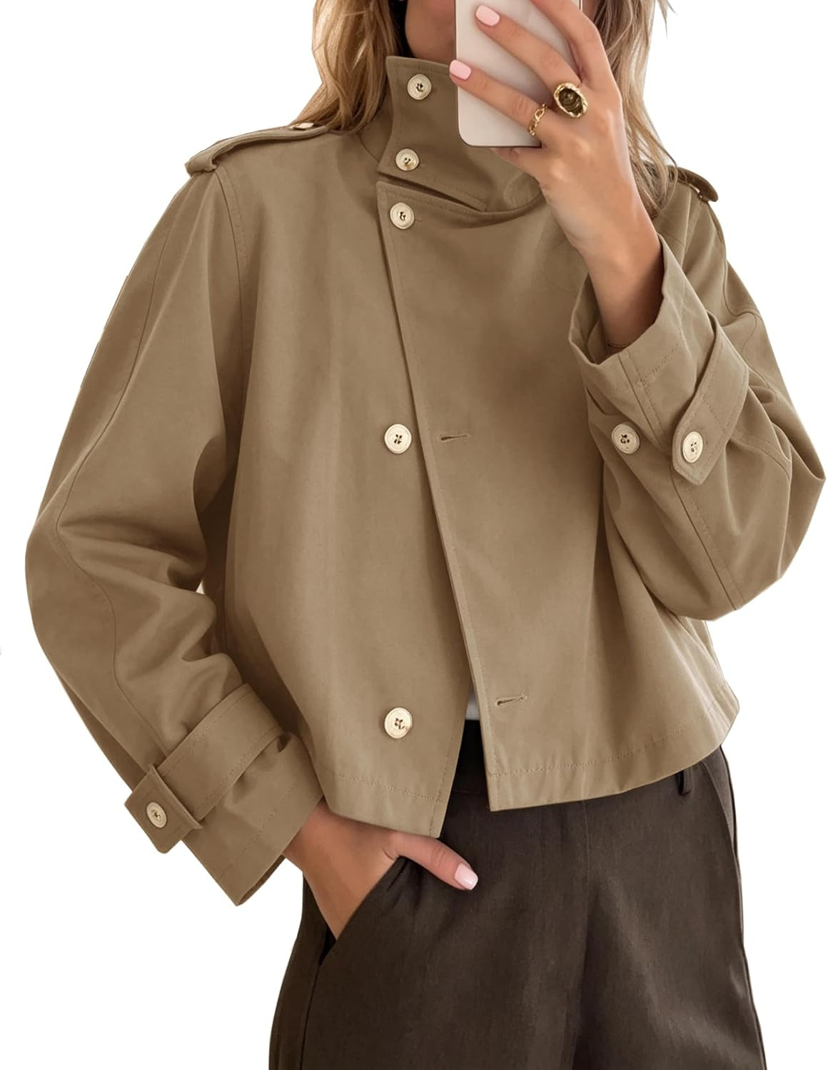Women Cropped Trench Coats Fall Funnel High Neck Windbreaker Jackets | Amazon (US)
