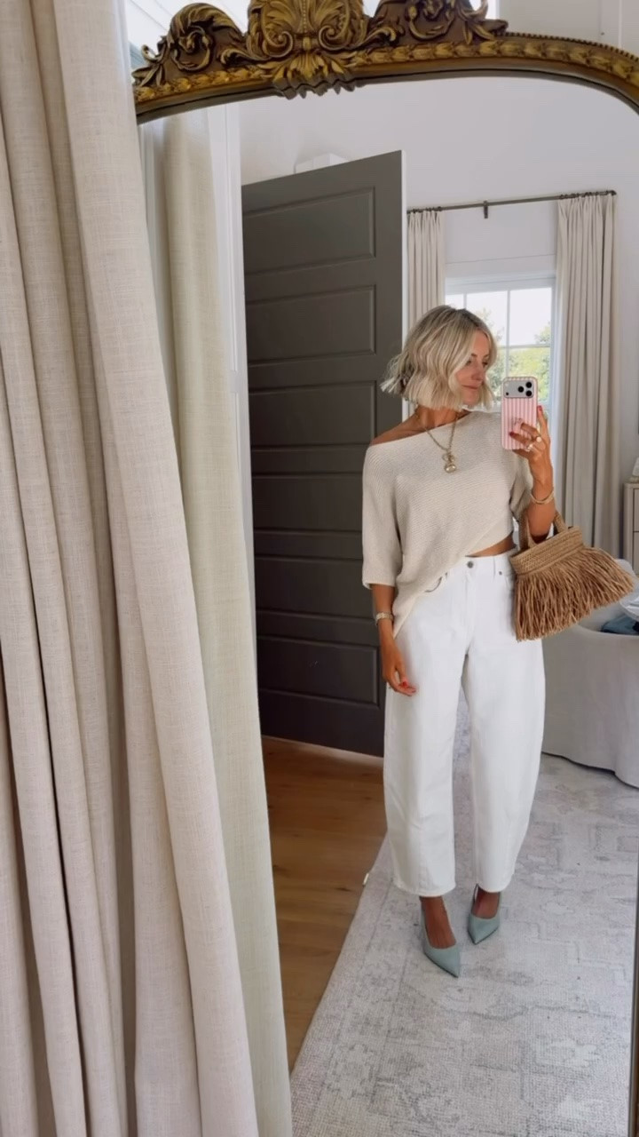 This look is everything 😍 Giving major chic European vibes! Love the asymmetrical hem of this top with the neutral color palette, paired with these dusty blue kitten heels. Wearing S/4

Loverly grey, Zara fashion finds, Target barrel white denim, how to style barrel jeans, fringe raffia bag, modern neutral outfit inspo, vacation dinner outfit ideas beach, knit tan top cream

#LTKSeasonal