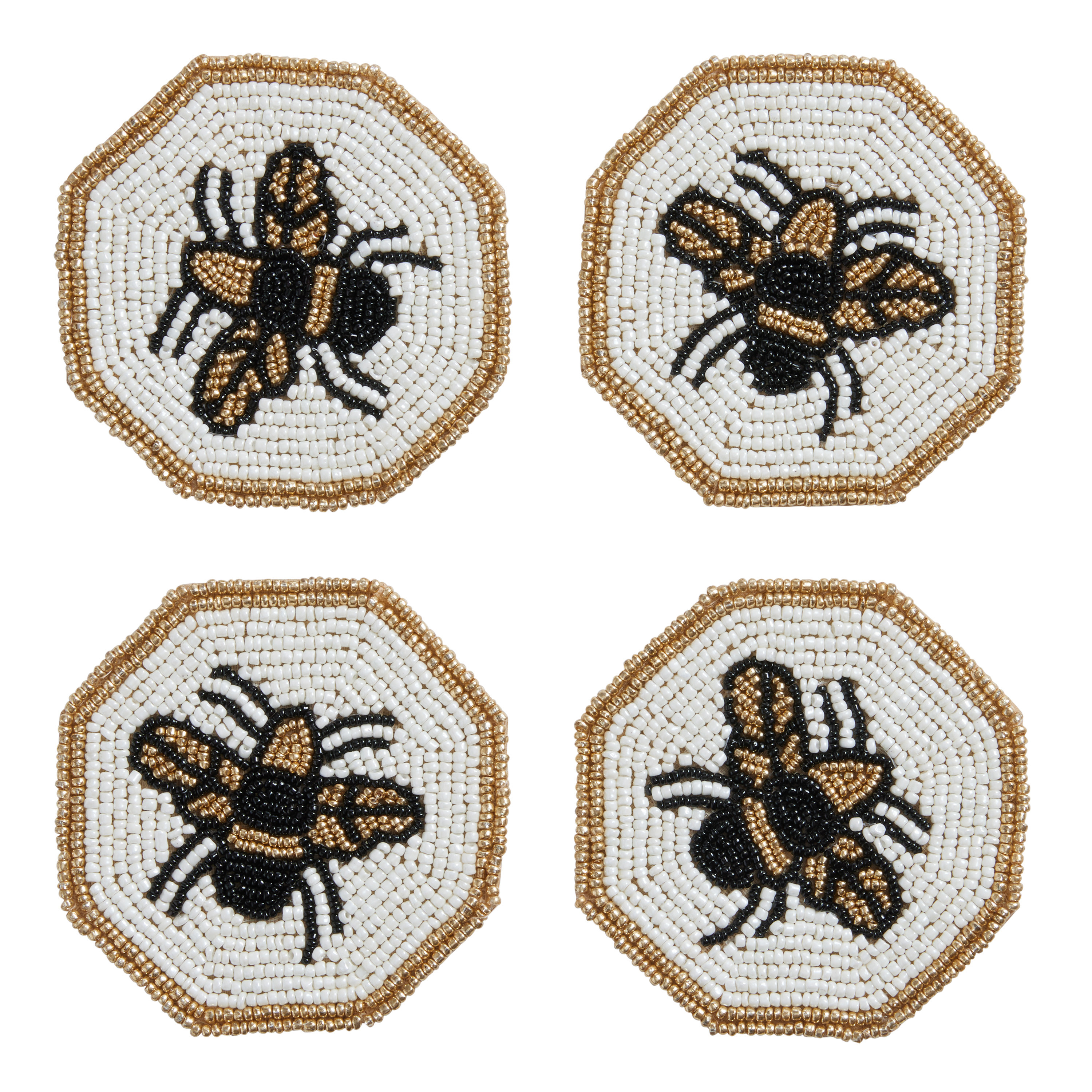 White And Gold Beaded Bee Coasters 4 Pack | World Market