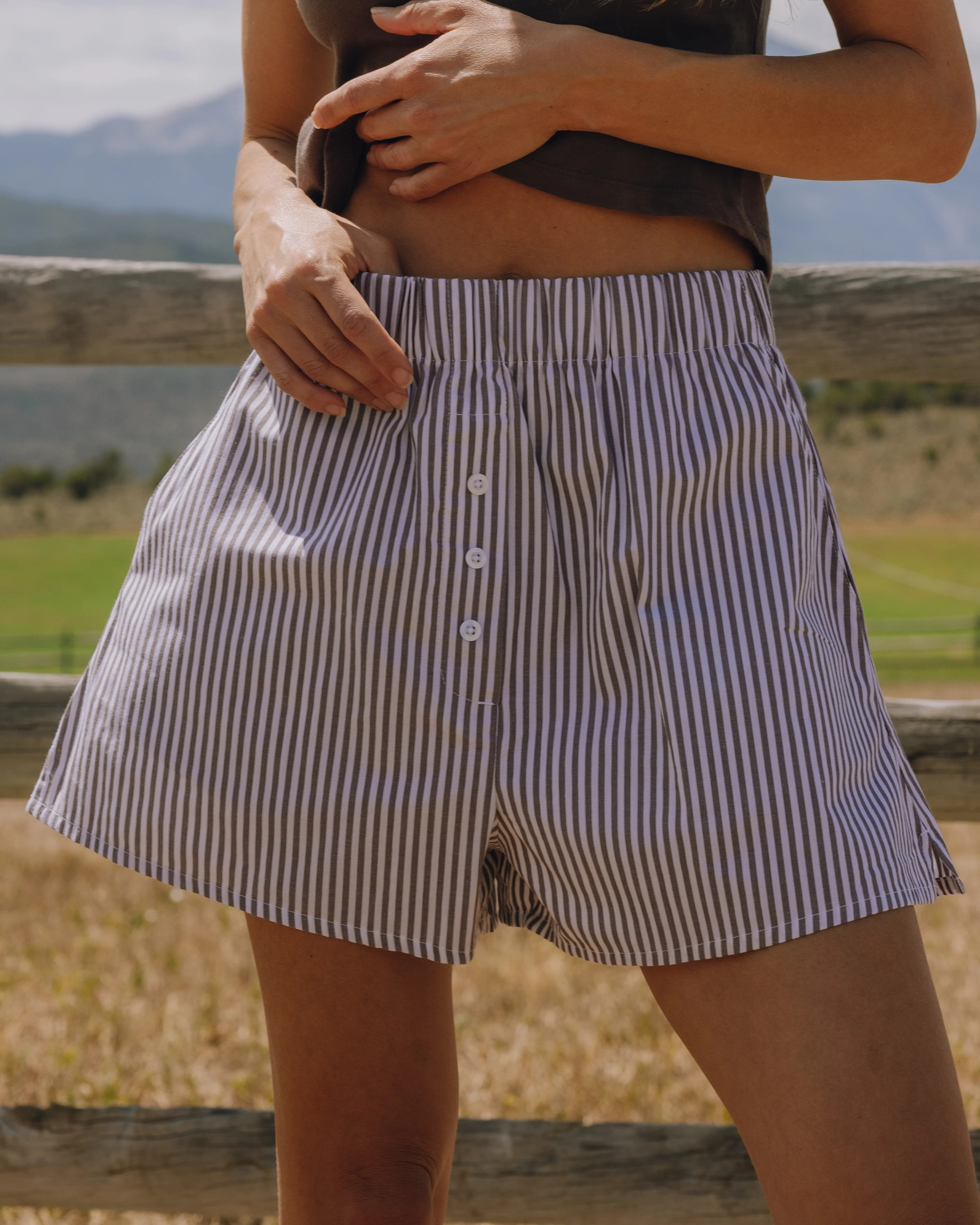 Poplin Resort Shorts - Mocha + White Stripe | Daily Drills LLC