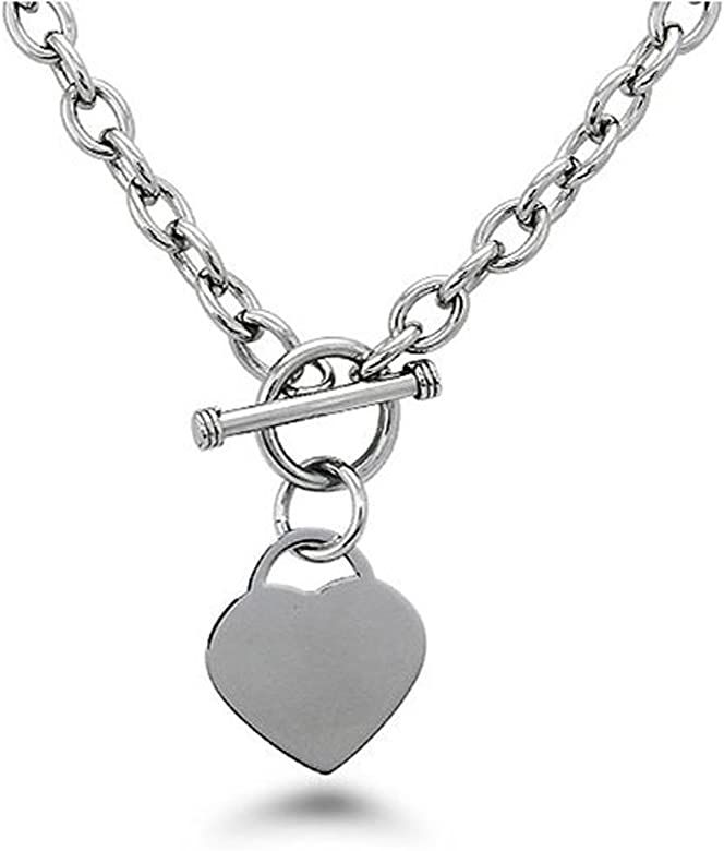 High Polished Stainless Steel Heart Charm Cable Chain Necklace with Toggle Clasp (Length: 18") Si... | Amazon (US)