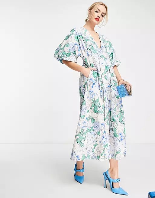 ASOS EDITION pleat waist midi dress with puff sleeve in floral print | ASOS (Global)