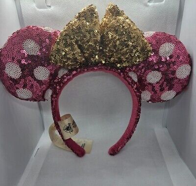 Minnie Mouse Ears Pink White Polkadot Gold Bow Sequins Headband Disney Parks | eBay US
