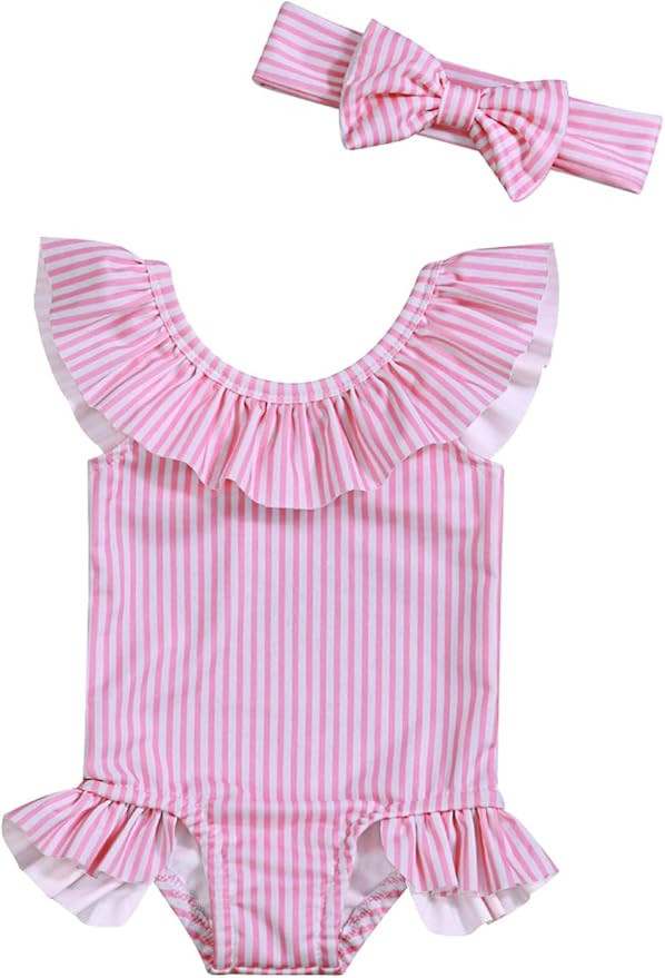Baby Girl Bikini Striped Beach Swimsuit Ruffles Bathing Suit Swimwear+Headband 2 Pcs Set | Amazon (US)
