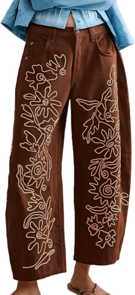 Embroidered Jeans for Women Barrel Pants Baggy Jean Y2k Boyfriend Cheetah Print Mid Rise Denim An... | Amazon (US)