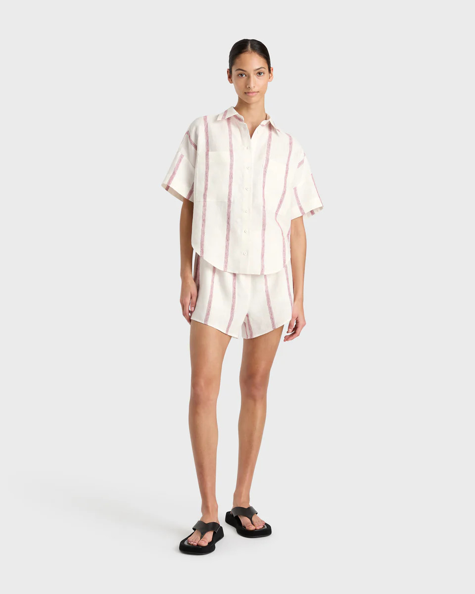 BONDI BORN® | Kiama Short Sleeve Shirt in Red Stripe | Designer Linen | BONDI BORN