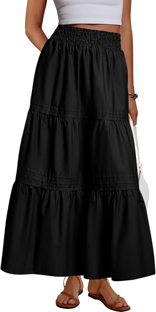 MASCOMODA Casual Long Skirts for Women Boho Swing A Line High Waisted Tiered Flowy Maxi Skirt wit... | Amazon (US)