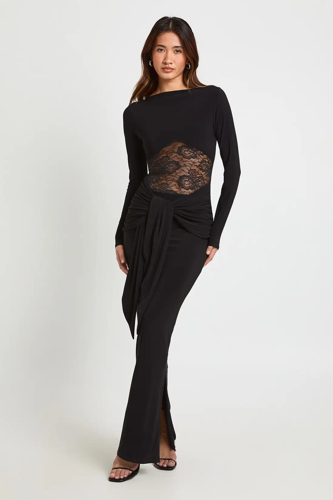Black Slinky Long Sleeve Maxi Dress With Lace insert | Boohoo | Boohoo.com (UK & IE)
