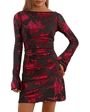 PRETTYGARDEN Women's 2026 Fall Fashion Floral Long Sleeve Mini Dress Mesh Bodycon Short Party Dat... | Amazon (US)