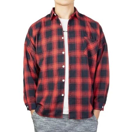 LELINTA Mens Long Sleeve Red Plaid Shirt Flannel Plaid Outdoor Big and Tall Button Down Shirt Wester | Walmart (US)