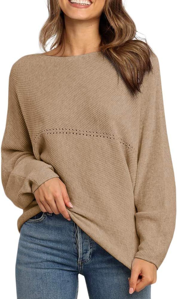 Tutorutor Womens Boat Neck Ribbed Pullover Sweaters Oversized Batwing Sleeve Fall Loose Fit Knitt... | Amazon (US)