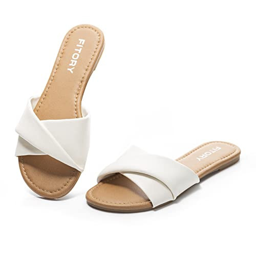 FITORY Women's Flat Sandals Fashion Slides With Soft Leather Slippers for Summer White Size 7.5 | Amazon (US)