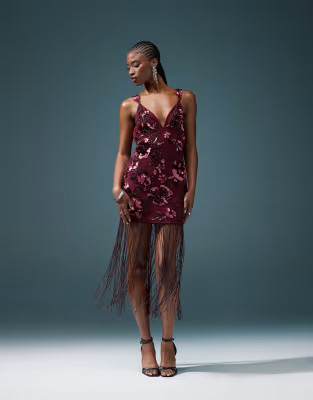 ASOS DESIGN floral embellished mini dress with beaded fringe in burgundy | ASOS (Global)