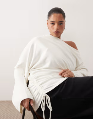 ARRANGE Curve jersey off the shoulder wide sleeves top with ruched hem in white | ASOS (Global)