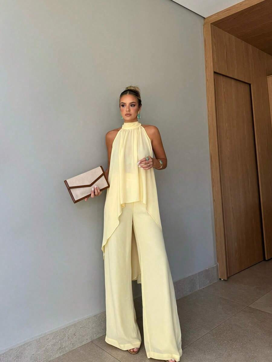2pcs Women Elegant Solid Color Knotted Halter Asymmetric Hem Top And Long Pants Set, Suitable For... | SHEIN
