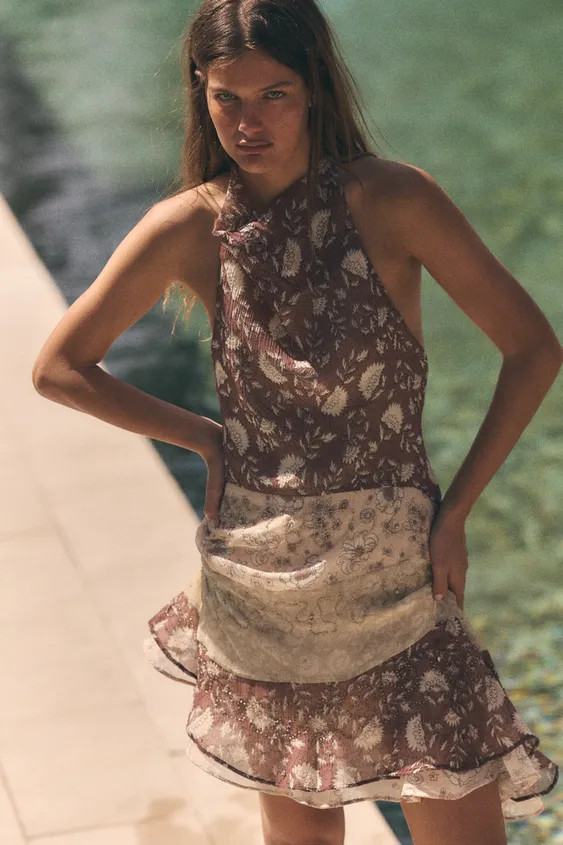 BEADED PRINT HALTER DRESS | Zara US