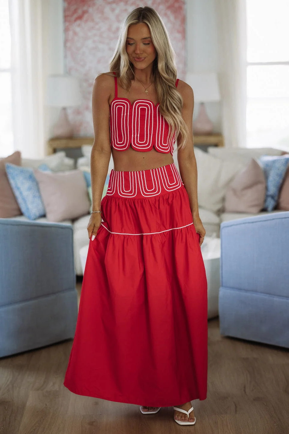 Marina Muse Crop Top and Maxi Skirt Set - Red and White | Hazel and Olive