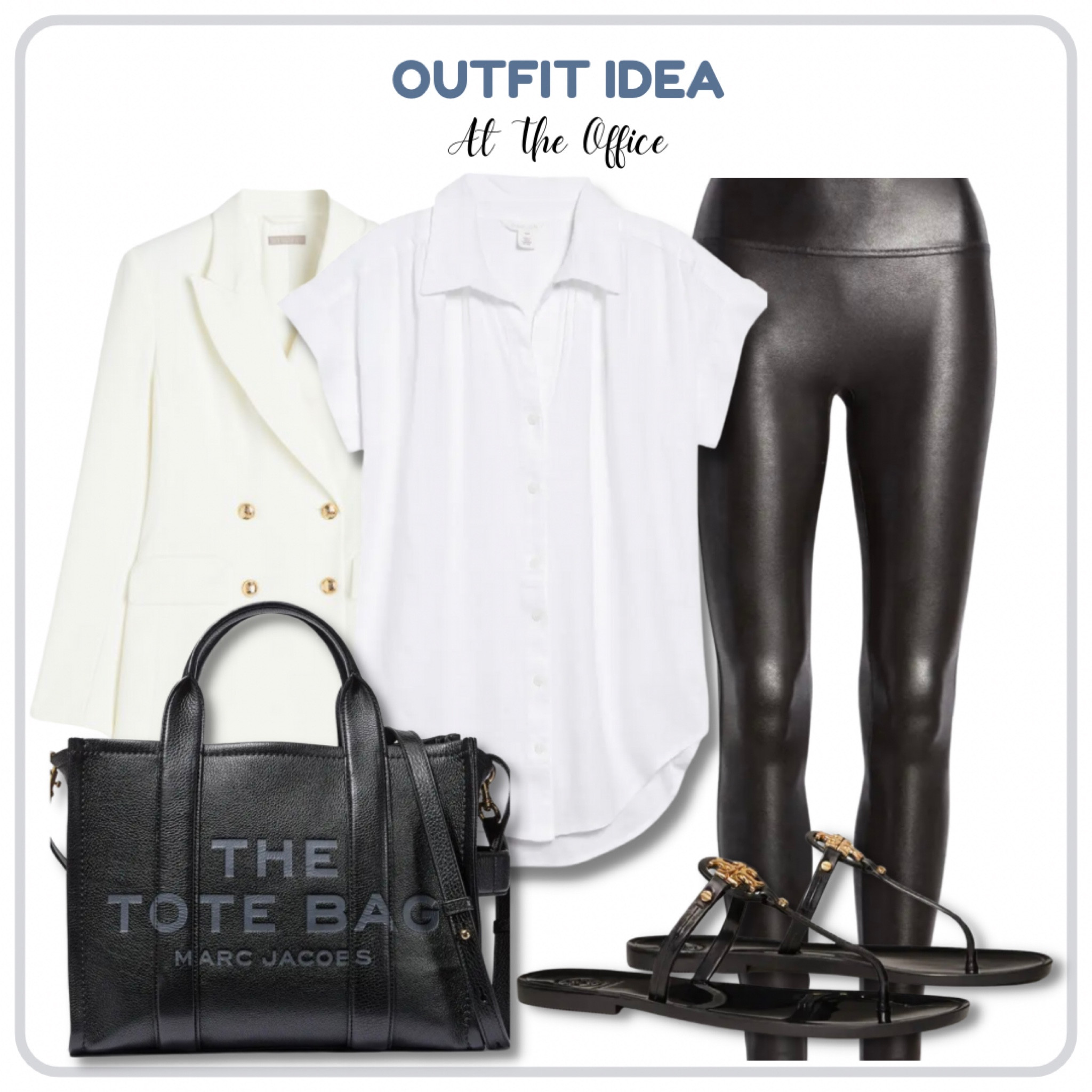 Outfit Idea | At The Office

Pair a blazer, blouse, faux leather leggings, flip flops and a tote bag to complete this look. 

#LTKitbag #LTKshoecrush #LTKstyletip