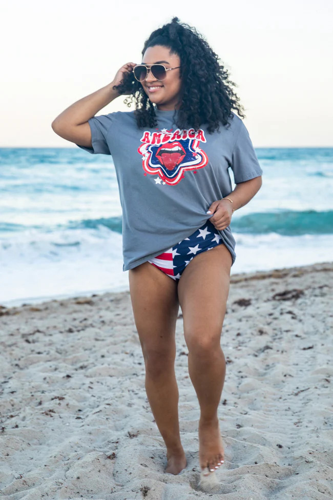 America Tongue Grey Oversized Graphic Tee | Pink Lily