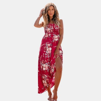 Cupshe Women's Boho Chic Floral Print Maxi Dress with Smocked Bodice-M-Red | Target