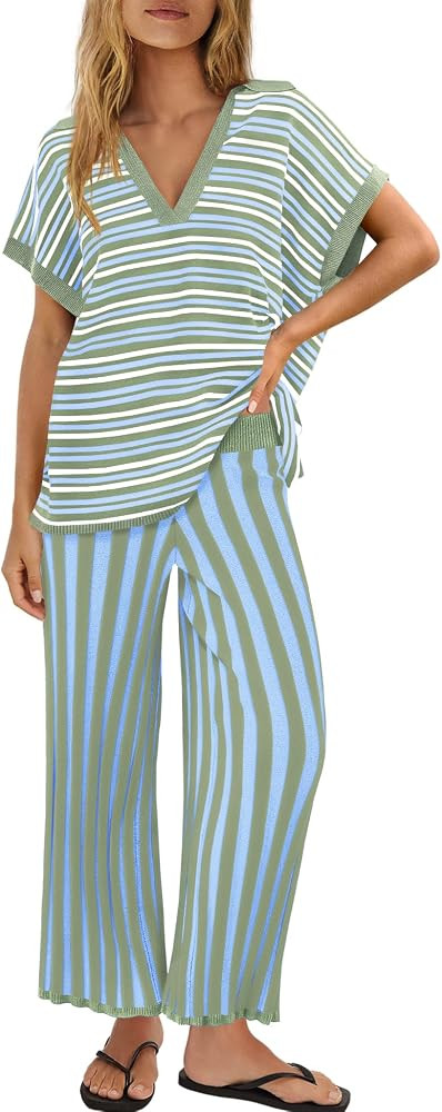 ReachMe Womens Striped Lounge Sets Summer Travel Sets 2 Piece Beach Vacation Outfits Short Sleeve... | Amazon (US)