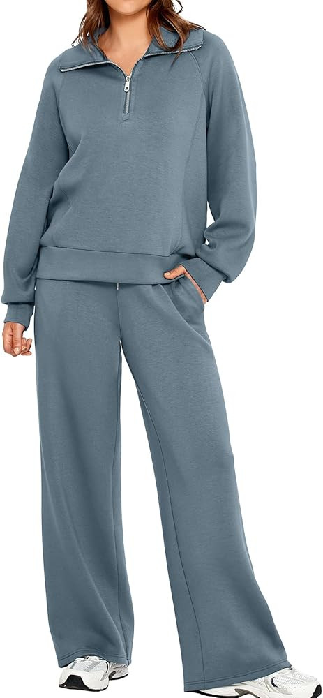 Glamaker Women 2 Piece Sets Fleece Lounge Travel Workout Outfits Airport Half Zip Sweatsuit Wide ... | Amazon (US)
