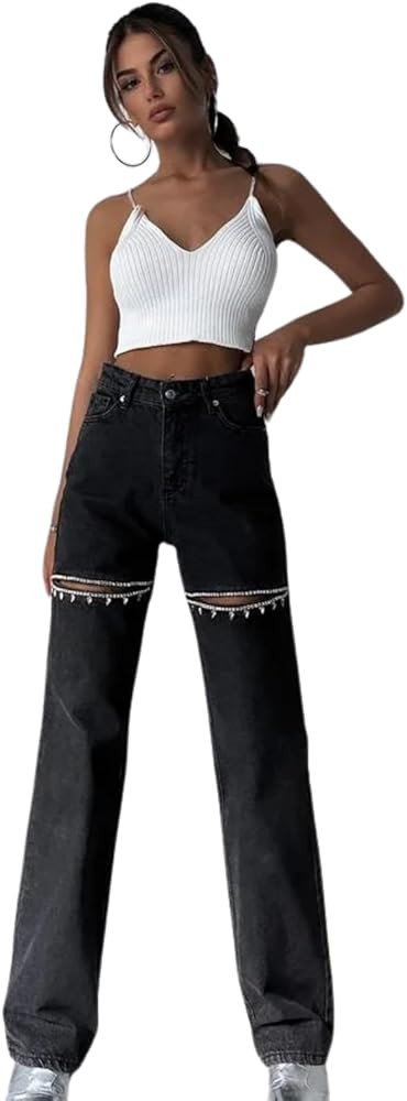 PIRAL Women's Crystal Cut Jeans - High Waisted Straight Fit Denim Pants - 32" Inseam | Amazon (US)