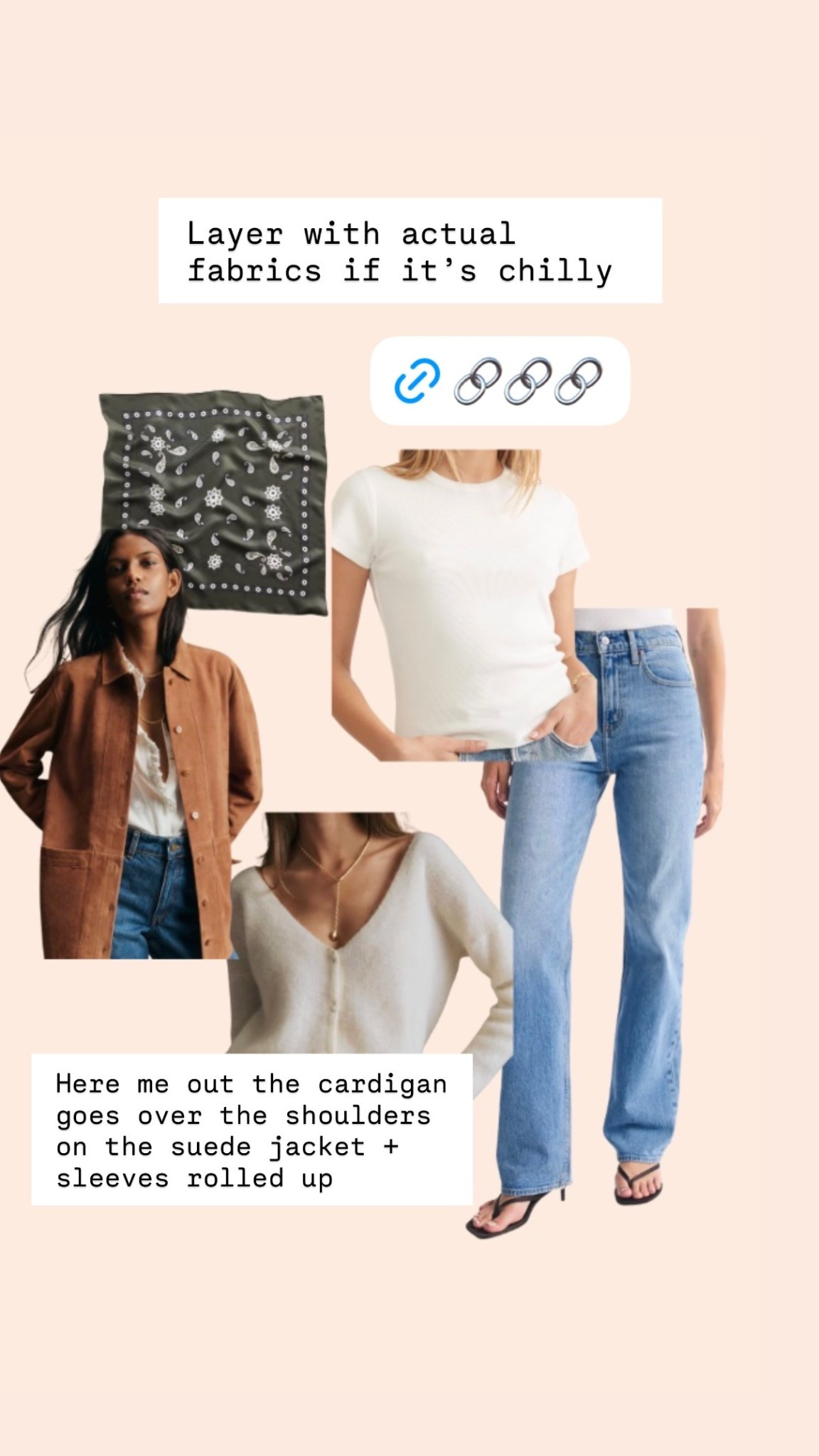 Here me out the cardigan goes over the shoulders on the suede jacket + sleeves rolled up Layer with actual fabrics if it’s chilly  @gap @sezane @abercrombie @marinelayer