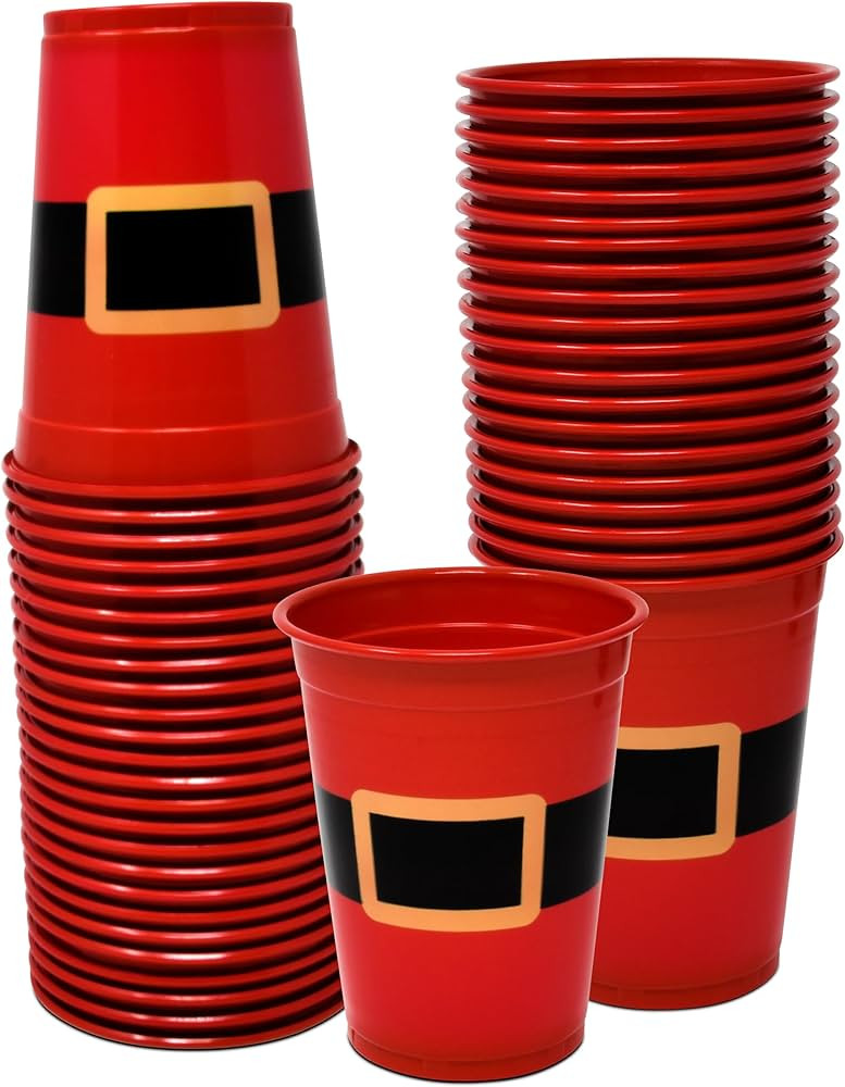 50 Pack Disposable Plastic Christmas Cups 16 oz. Red & Black Santa Belt Design Clear Drinking Cup... | Amazon (US)