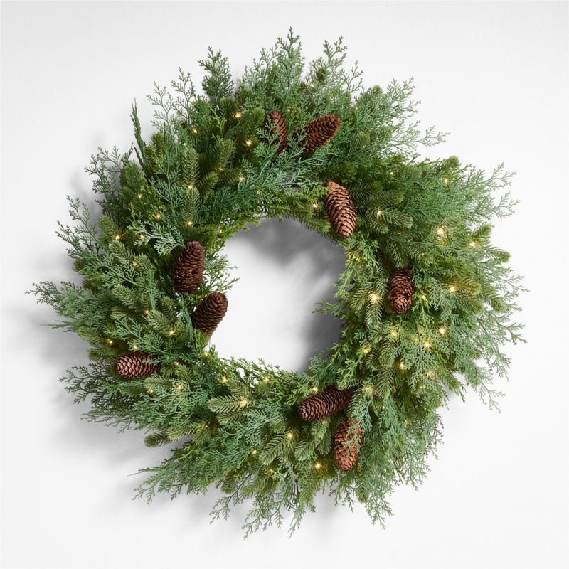 Faux Pinecone and Cedar Pre-Lit Holiday Wreath 28" | Crate & Barrel | Crate & Barrel