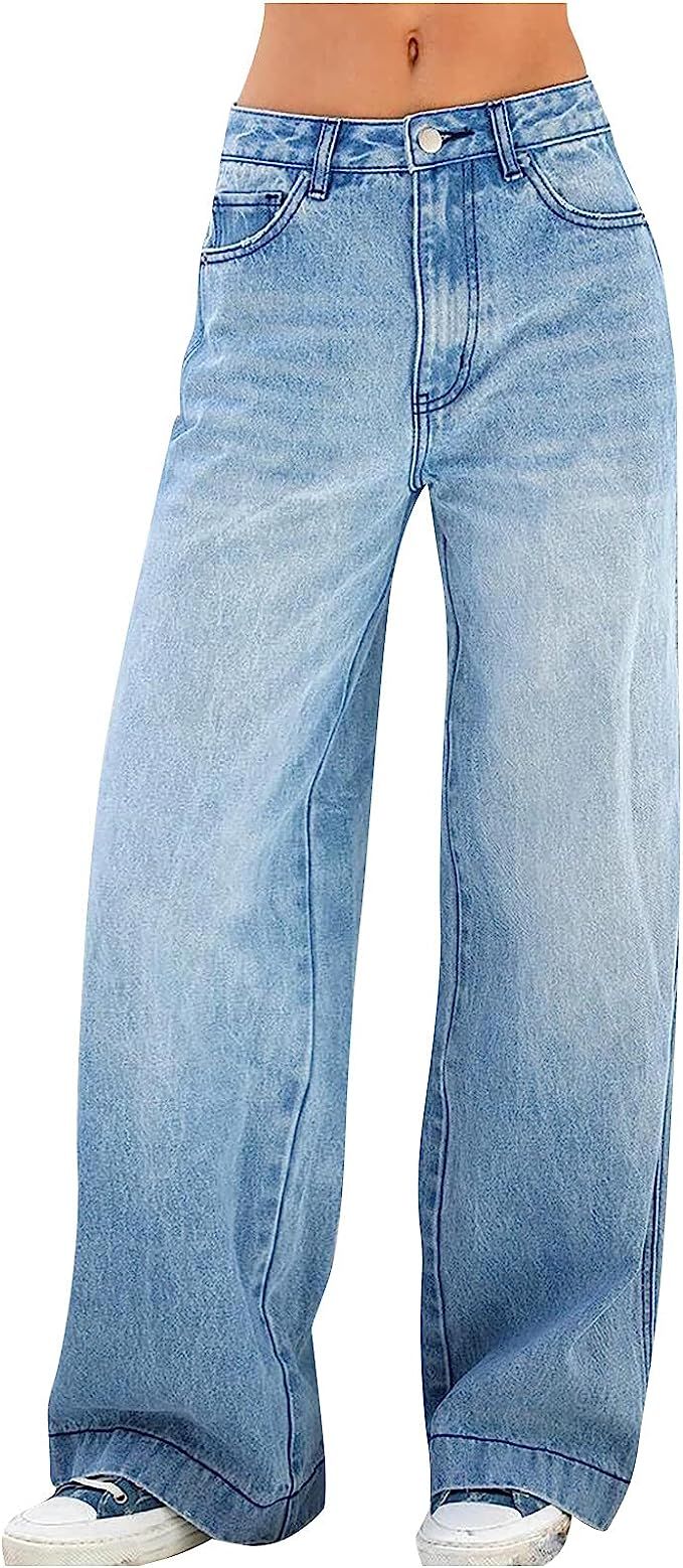 Women's High Waist Baggy Jeans Wide Leg Denim Jeans Flap Pocket Side Jeans Straight Casual Loose ... | Amazon (US)