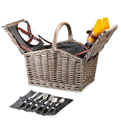 PICNIC TIME Piccadilly Picnic Basket, Romantic Picnic Basket for 2 with Picnic Set - Includes Utensil Set, Glasses, Plates, and Wine Opener, (Anthology Collection - Gray with Gold Accents) | Amazon (US)