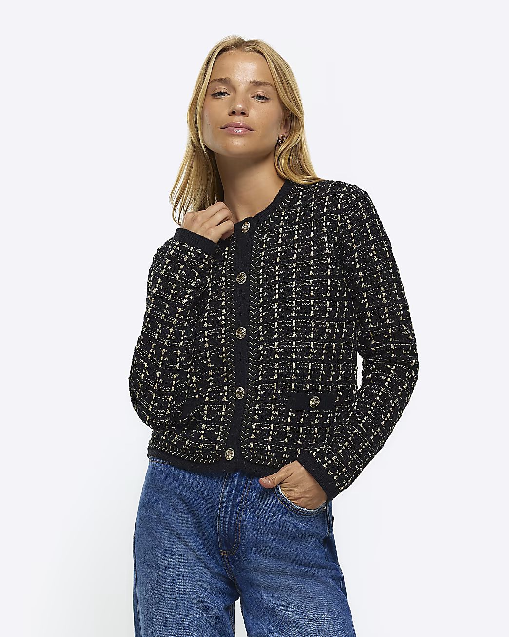 Black boucle knitted cardigan | River Island (UK & IE)