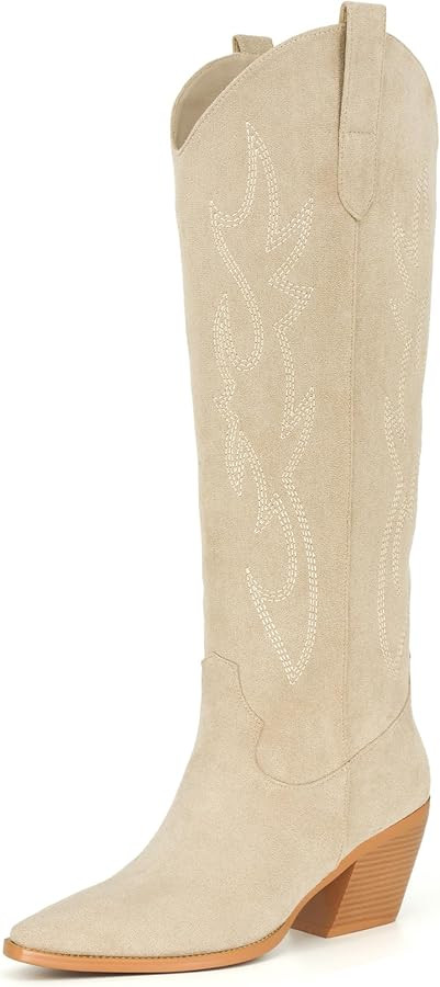 Cowgirl Boots Women Knee High Boots Pointed Toe and Block Heel Cowboy Suede Boots with Embroidere... | Amazon (US)