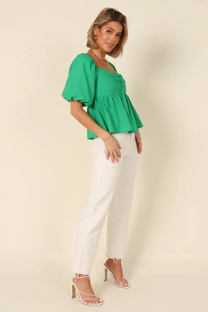 Joanna Puff Sleeve Peplum Top - Green | Petal & Pup (US)