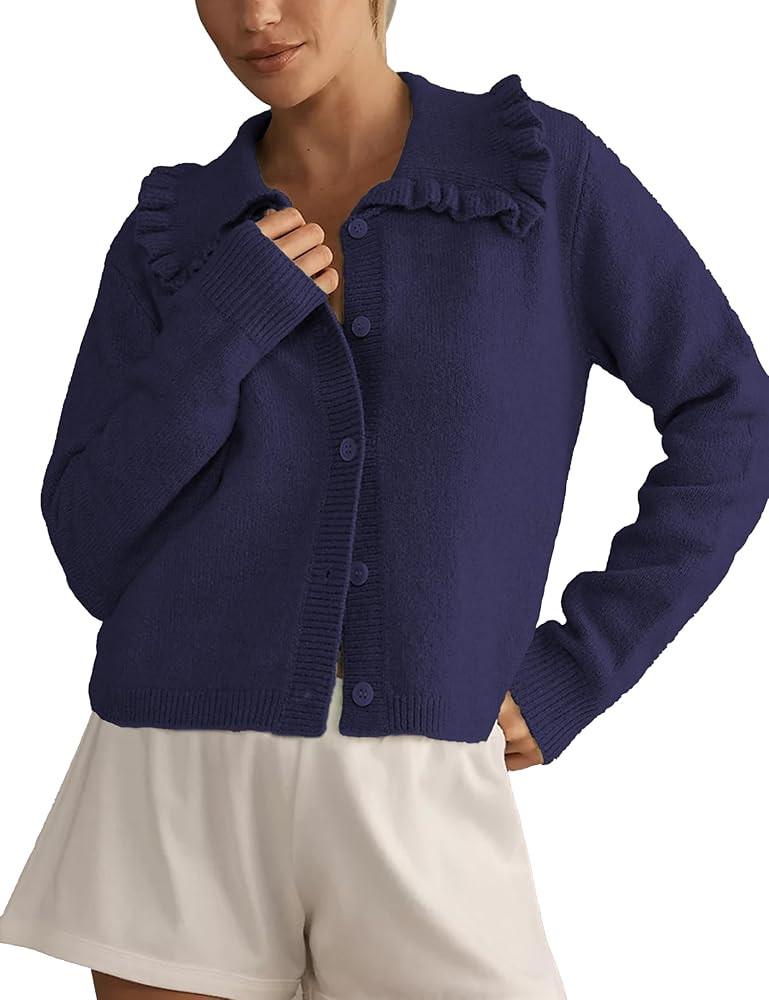 Womens Ruffle Cropped Sweater Open Front Outerwear Elegant Long Sleeve Knitted Cardigan Button Ja... | Amazon (US)