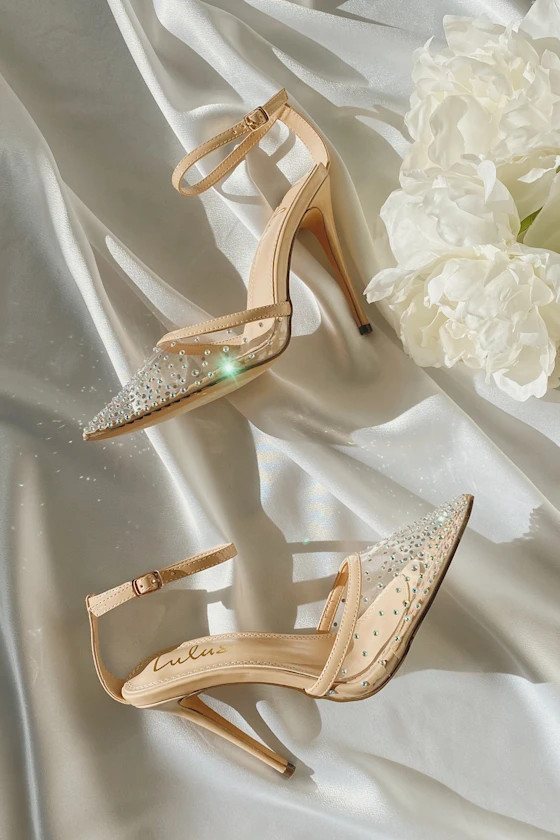Keiza Light Nude Patent Rhinestone Pointed-Toe Ankle Strap Pumps | Lulus (US)