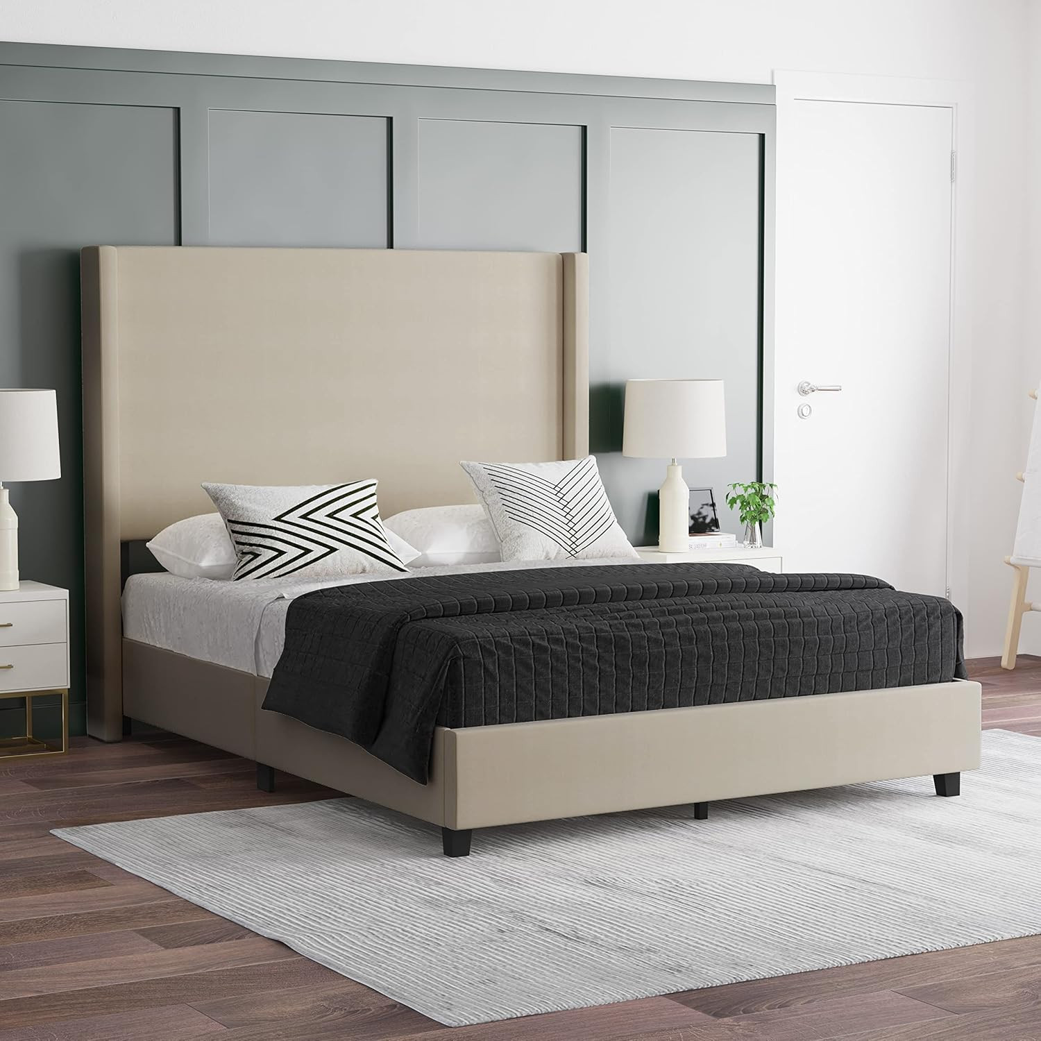 Amazon.com: EMMA + OLIVER Nora Queen Size Faux Linen Upholstered Platform Bed in Beige with Plush... | Amazon (US)