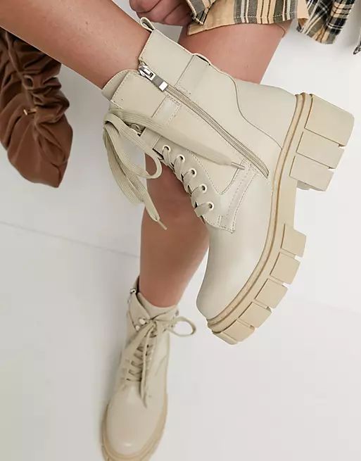 Simmi London chunky lace up boots with buckles in stone | ASOS (Global)