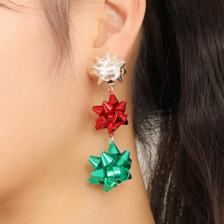 Colorful Metal Christmas Bow Design Long Dangle Earrings Holiday Classic Style Cute Christmas Eve... | SHEIN