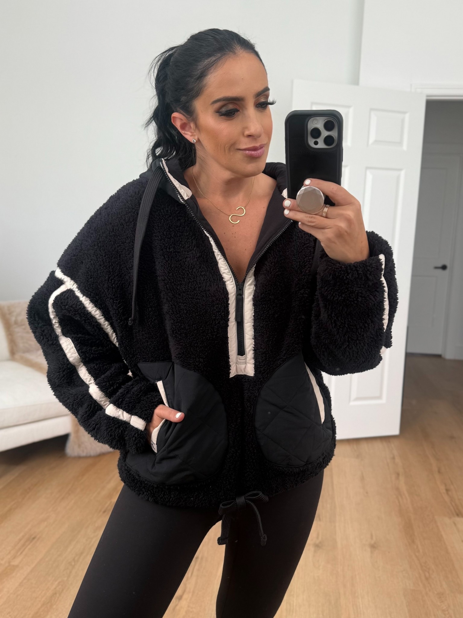 Women's Contrast High Pile 1/2 Zip Jacket wearing size medium 