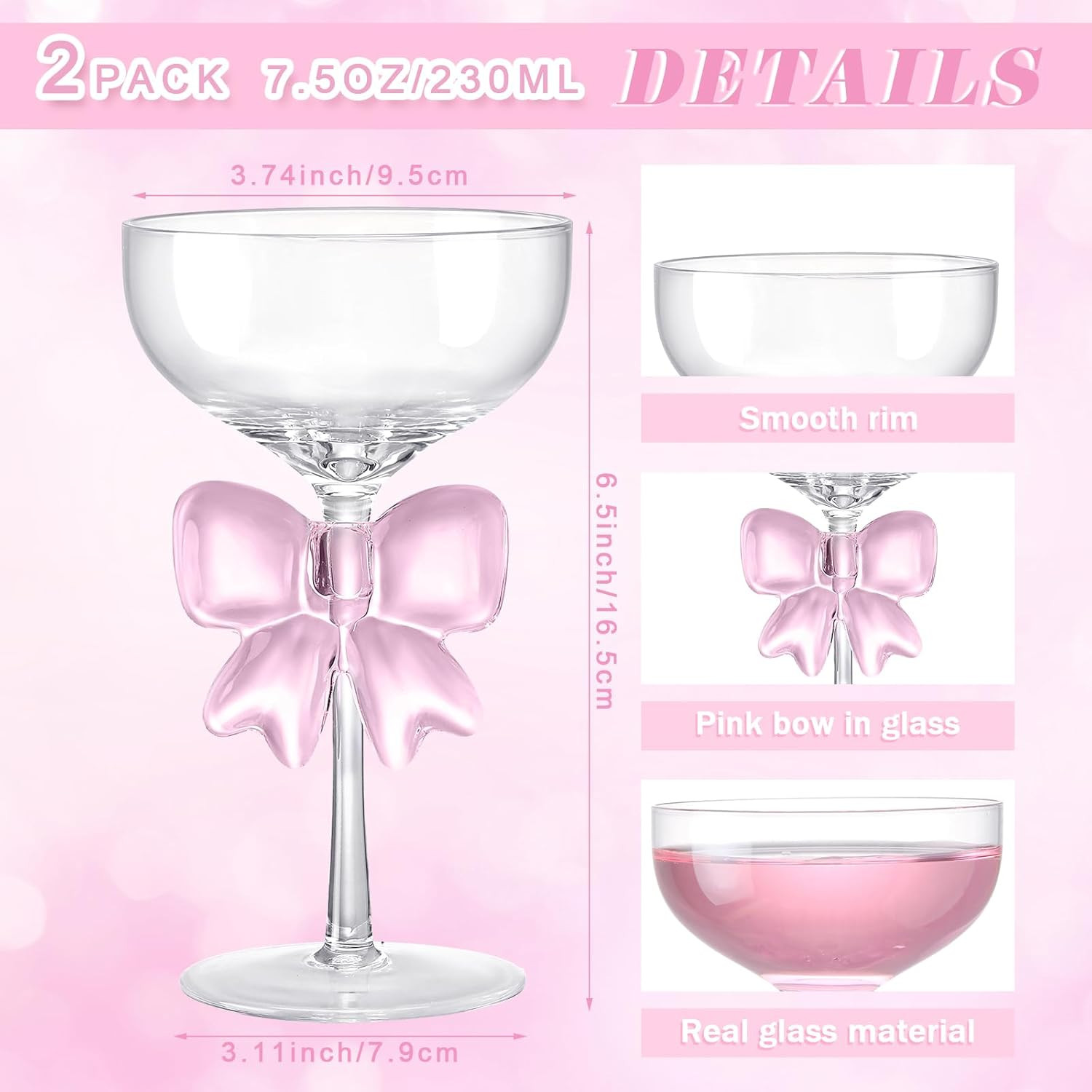 2 Pack Bow Wine Glasses Pink Bow Clear Cocktail Glasses 6.8 oz Delicate and Elegant Pink Coupe De... | Amazon (US)