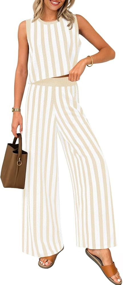 ZESICA Women's Summer Two Piece Outfits Crop Tank Tops and Wide Leg Pants Striped Lounge Travel S... | Amazon (US)