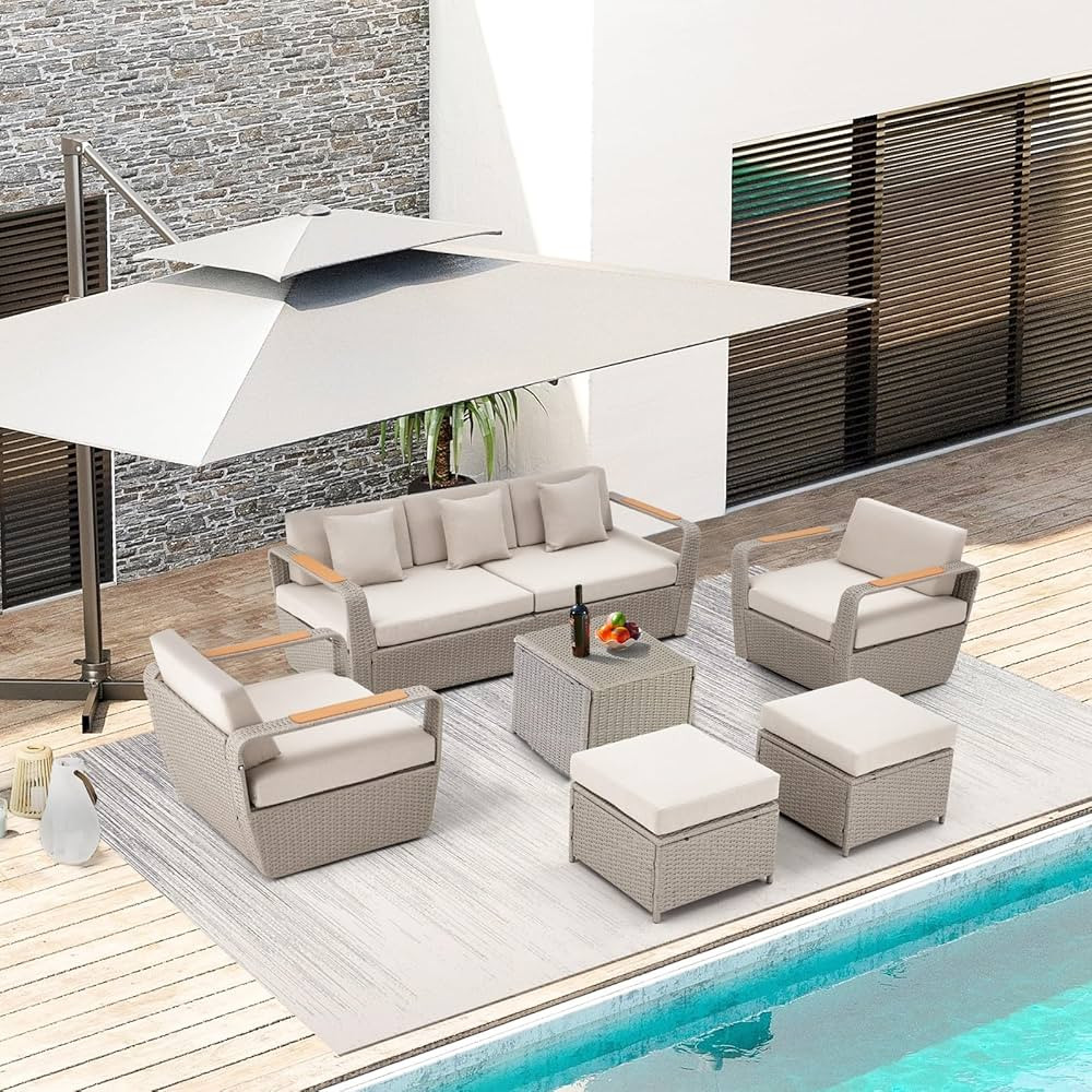 HOMREST 6 Pieces Patio Furniture Set, Outdoor Sectional Conversation Rattan Sofa Set with Ottoman... | Amazon (US)