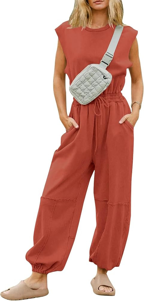 Flygo Womens Casual Jumpsuit Crewneck Cap Sleeve Long Wide Leg Pants One Piece Outfits Drawstring... | Amazon (US)