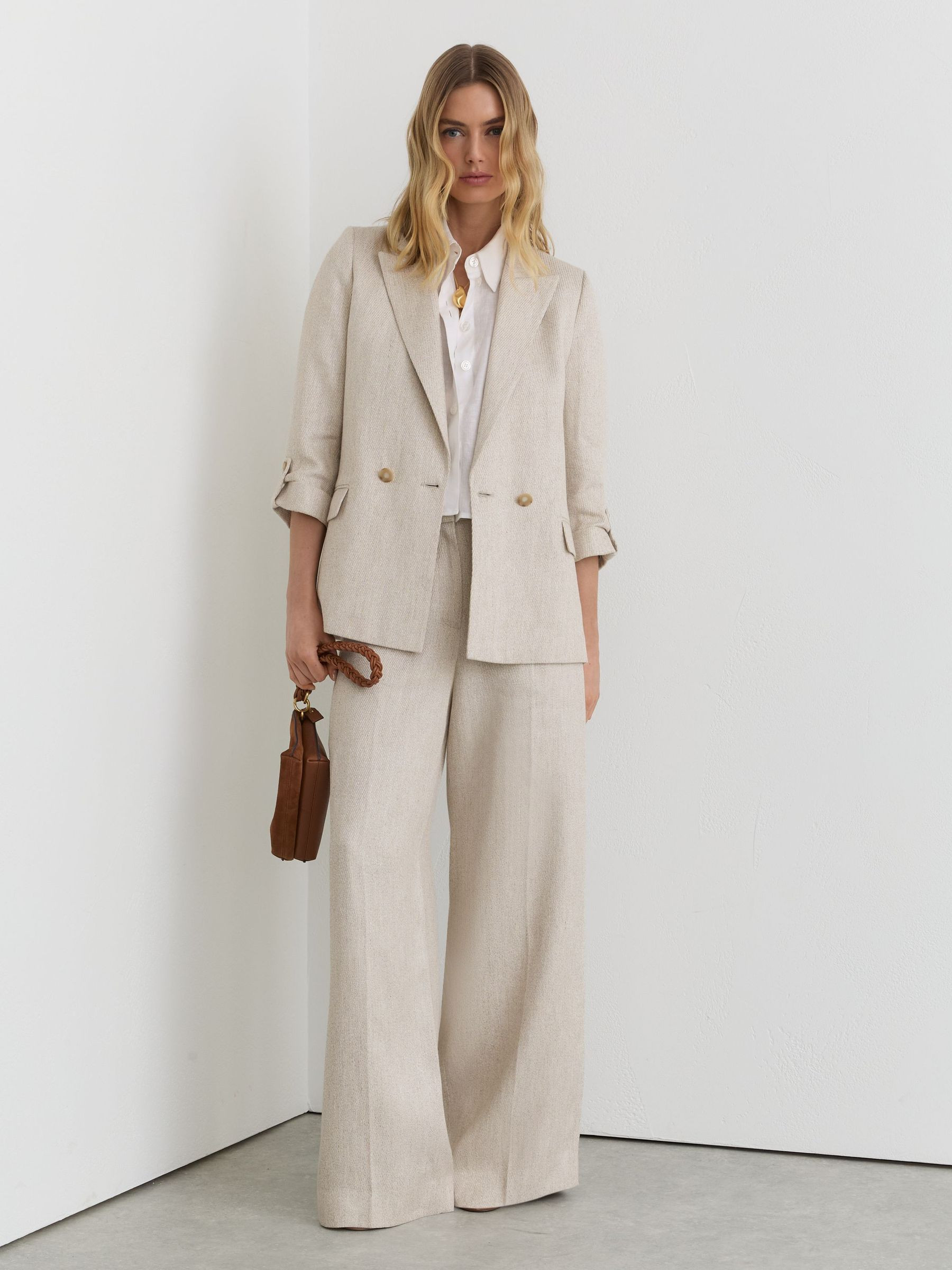 Reiss Linen-Blend Textured Double-Breasted Blazer in Neutral - REISS | Reiss UK