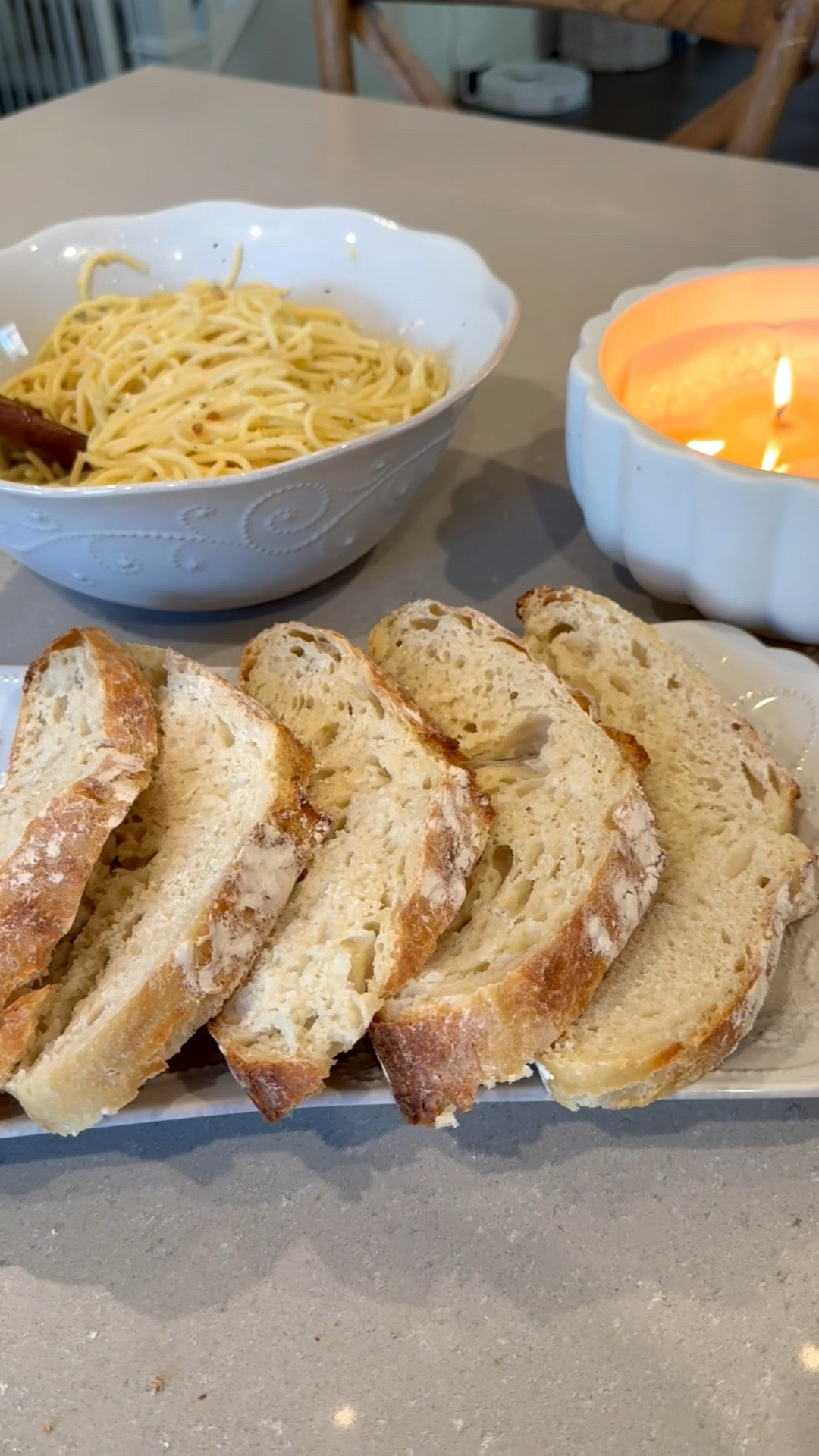 Sunday’s are for pasta 🍝🥖 It officially feels like summer and lemon pasta is one of my faves for the warm summer months 👌🏻 Definitely a crowd pleaser around here! 


Bread 
Ingredients 
• 3 cups of bread flour
• 2 1/4 tsp of yeast 
• 2 tsps of Himalayan pink salt
• 1 1/2 cups of lukewarm water (microwave 45 seconds) 

Directions 
• Combine all dry ingredients then add water
• Cover with plastic wrap & a towel for two hours 
• Flip & fold then let rest. Repeat 2- 3 times during the next hour
• Heat oven to 450 degrees with dutch oven inside. Sprinkle bottom with flour, add dough and then sprinkle flour on top. Add a small slice on top.
• Bake 25 mins with lid on, then remove lid and bake another 10 minutes with lid off and drop temp to 400 degrees. Let cool, slice and enjoy! 

Pasta
Ingredients 
• 1 lb of pasta 
• 1/4 olive oil 
• 3 garlic cloves, minced 
• 3 tablespoons of fresh parsley chopped
• 1 tablespoons of lemon zest
• 3 tablespoons of lemon juice 
• 1/4 teaspoon of salt 
• 1/3 cup of grated Parmesan 
• black pepper 

Directions 
• bring a big pot of salted water to a boil. Add pasta until al dente about 8-10 minutes. Before draining be sure to reserve a 1/2 cup of the water for the sauce 
• In a saucepan, heat 1/4 cup of olive oil over medium heat. Add minced garlic and parsley. Saute until garlic is golden brown
• Remove skillet from heat and add lemon zest, lemon juice and salt. Then add the reserved water and bring skillet back to medium- low heat.
• Add the pasta to the skillet, using tongs toss the pasta so that it’s completely covered in the sauce. Cook for about a minute
• Turn the heat off and add grated Parmesan, toss pasta again.
• transfer pasta to a serving bowl, garnish with parsley and enjoy!

Summer recipes, dinner recipes for family dinner, Sunday dinner recipes, lemon pasta, homemade bread, easy dinner ideas

#LTKfoodie #LTKmomlife #LTKdayinmylife