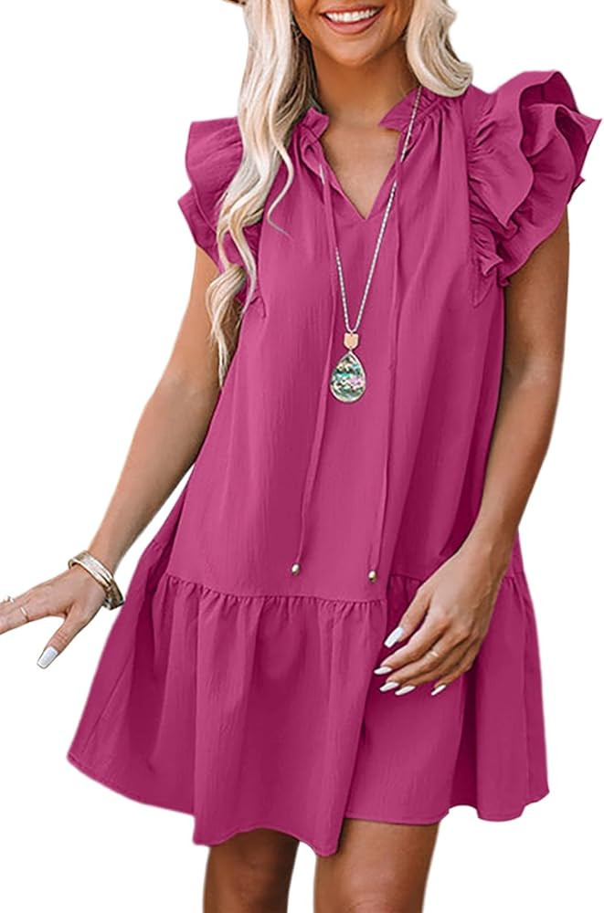 Dokotoo Womens Summer Dresses 2025 V-Neck Drawstring Ruffle Cap Short Sleeve Side Pockets Mini Dr... | Amazon (US)