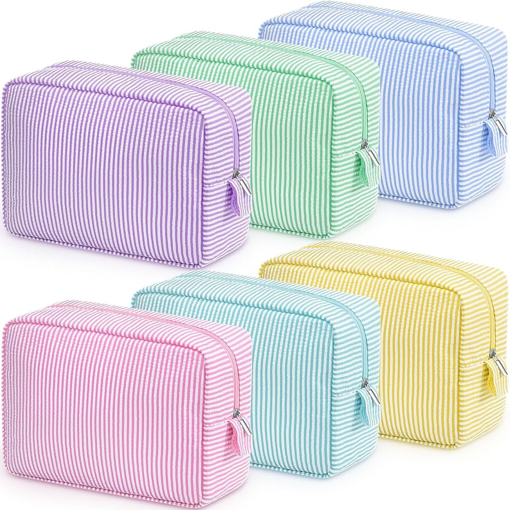 6 Seersucker Cosmetic Bag Bulk Striped Makeup Bag for Women Aesthetic Cute Travel Toiletry Organi... | Amazon (US)