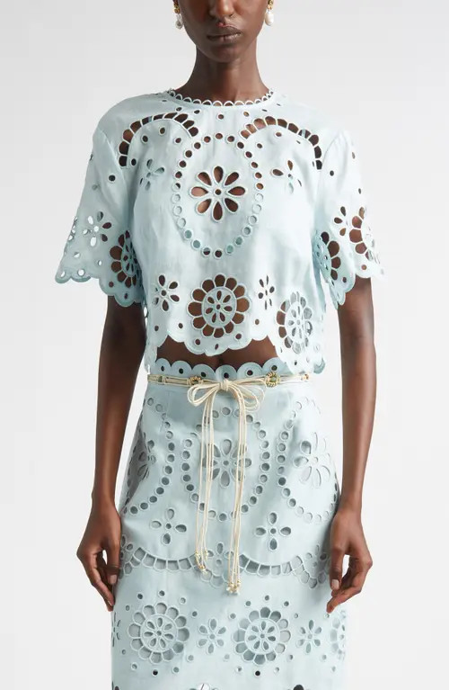 Zimmermann Awaken Embroidered Linen Crop Top in Mint at Nordstrom, Size 0 | Nordstrom